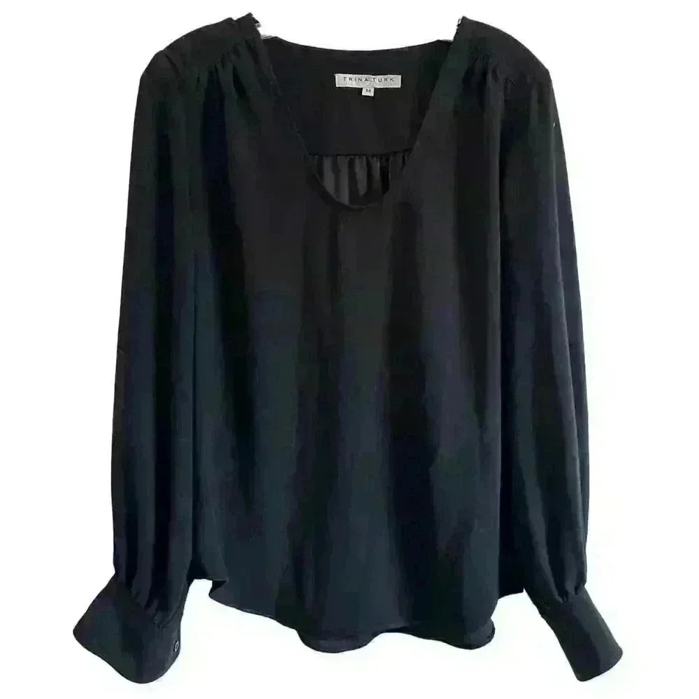 TRINA TURK BLACK POPOVER BLOUSE V NECK BUTTON CUFF SIZE M